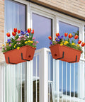 Two Pack Railing Planter Boxes With Adjustable Brackets, 16.9 Inch Window Boxes For Decks And Balconies, Red, installed on balcony