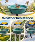 Weatherproof Deck Mounted Bird Bath And Feeder With Easy Clamp On For Railings Fences Or Balconies 1.45 Gallons Durable ABS Construction In Green, shown in different weather conditions.