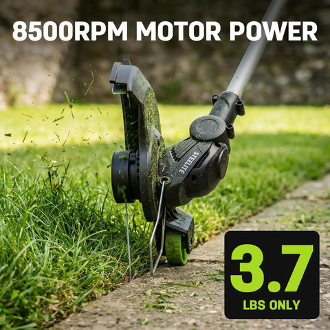 Cordless Lawn Mower And String Trimmer Combo For Small Yards With Dual Batteries And Extra Spools No Fuss Kit 13 Inch Mower And 12 Inch Trimmer Includes Charger And Spare Spools For Easy All In One Yard Care, close-up trimmer edge cutting grass