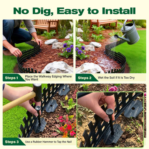 No Dig Landscape Edging Kit 50 Feet Flexible Plastic Lawn Border installation steps with 80 spikes and garden edging