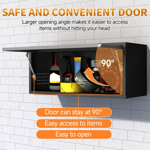 Up Flip Door Wall Mount Tool Cabinet With Pegboard, Built Tough Heavy Duty Steel Garage Storage Cabinet For Kitchen Workshop And Warehouse, Black And Gray, Smooth Hydraulic Lift, 90 Degree Open, Easy Access on wall-mounted cabinet