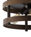 Close-up of a Dark Brown Wood And Oil Rubbed Bronze Three Light Iron Flush Mount Ceiling Light, with LED bulbs included.