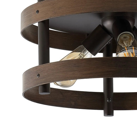 Close-up of a Dark Brown Wood And Oil Rubbed Bronze Three Light Iron Flush Mount Ceiling Light, with LED bulbs included.