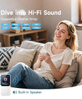 Woman enjoying music on 64GB MP3 Player with Bluetooth 5.3, built-in speaker, showcasing diverse audio formats supported.
