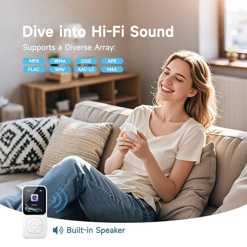 Woman enjoying music on 64GB MP3 Player with Bluetooth 5.3, built-in speaker, showcasing diverse audio formats supported.