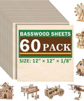 Front view: 60-pack basswood sheets, 12 x 12 x 1/8 in, unfinished craft wood for laser cutting