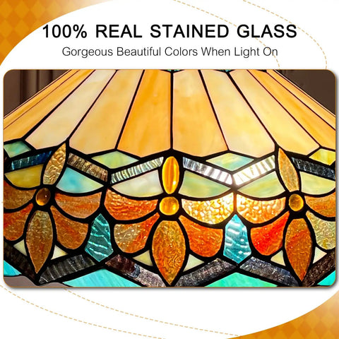Close-up of ARTZONE Antique Tiffany Pendant Light Fixture Stained Glass Hanging Lamp showcasing vibrant stained glass colors.