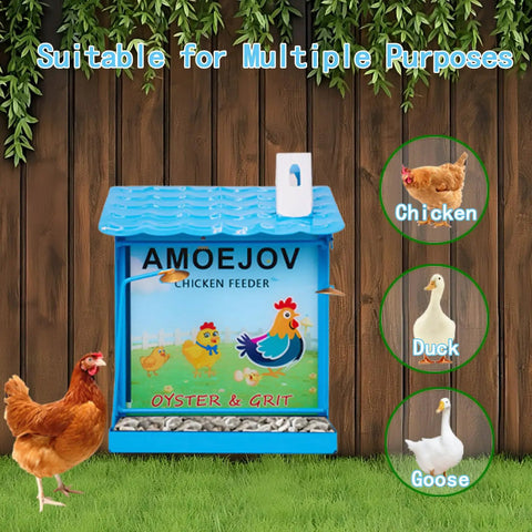 Top Shelf Metal Chicken Grit And Oyster Shell Feeder For Backyard Hens Automatic Poultry Coop Dispenser with chickens and ducks.