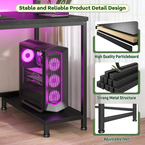 39.3 Inch Gaming Desk With Power Outlet And LED Lights, Adjustable Monitor Stand, drawer, CPU stand, black, metal structure