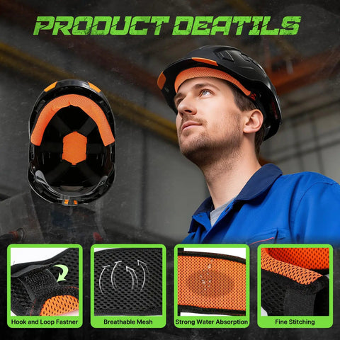 Image showing a man wearing a helmet with a Hard Hat Sweatband 5 Pack Washable Replacement Liner For Welding Helmets And Hard Hats Flame Retardant Cotton Construction Gear Fits Most Hats Men On The Job, with details like breathable mesh and fine stitching displayed.