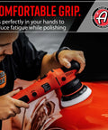 Person using 9mm Dual Action Car Polisher Long Throw DA Buffer For Detailers 1000W Power on red car panel close-up with logo