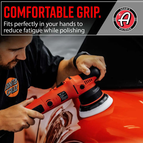 Person using 9mm Dual Action Car Polisher Long Throw DA Buffer For Detailers 1000W Power on red car panel close-up with logo