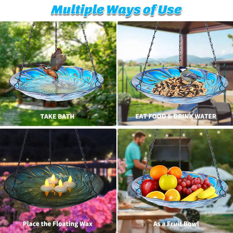 11 Inch Hanging Glass Bird Bath With Peacock Pattern Outdoor Bird Feeder And Garden Decor For Yard Bright Colorful Wavy Rim That Attracts Birds And Elevates Your Outdoor Space showing various uses including for birds and as a fruit bowl.