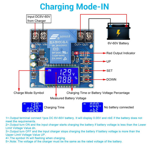 Heavy-Duty Badass Low Voltage Disconnect Switch For Batteries DC 6V To 60V With 30A Capacity And Crisp LCD Screen shown in charging mode.