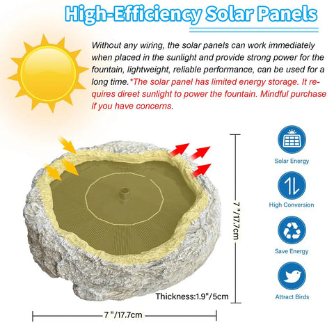 Solar Powered Bird Bath Fountain With Five Nozzles, Resin Granite Rock Look, showing solar panel efficiency and design.