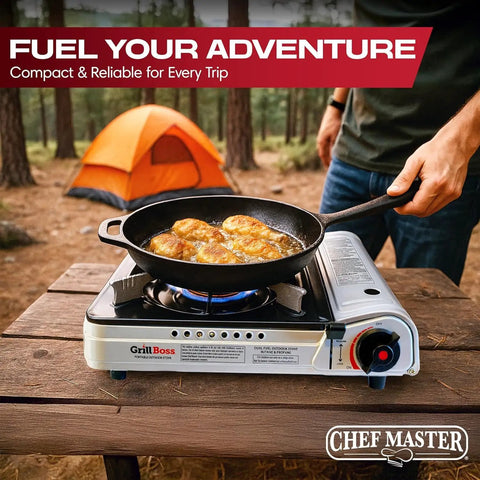 Dual Fuel Camp Stove With 12,000 BTU For Camping And Emergencies cooking chicken outdoors, portable butane and propane burner