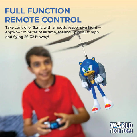 Child playing with Sonic The Hedgehog IR RC Jetpack Helicopter Toy With LED Lights And Twin Rotors Infrared Control