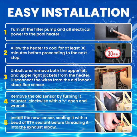 Easy installation steps for Replacement Stack Flue Sensor 42002-0024S 2 Pack for pool and spa heaters instruction diagram