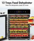 Top Shelf Heavy Duty Food Dehydrator With 12 Sleek Stainless Steel Trays, digital panel, and fruits being dehydrated.