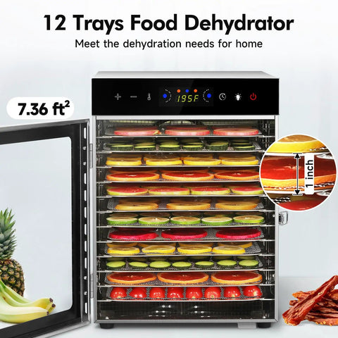 Top Shelf Heavy Duty Food Dehydrator With 12 Sleek Stainless Steel Trays, digital panel, and fruits being dehydrated.