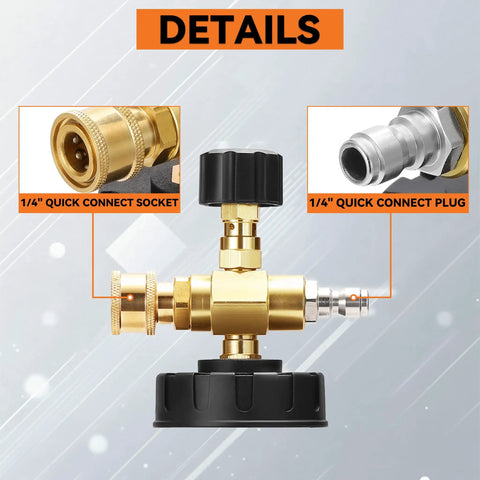 Chemical Injector For Pressure Washer With Bottle, Adjustable Soap Injector, 1 Quarter Inch Quick Connect, 3600 PSI Compatible shown in detail view.