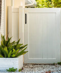 White exterior gate featuring 10 Inch Black Gate Pull Handle With WeatherGuard Protection And Included Mounting Hardware For Easy Install