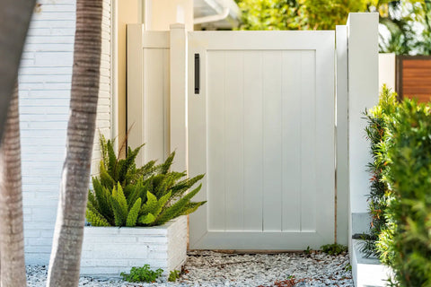 White exterior gate featuring 10 Inch Black Gate Pull Handle With WeatherGuard Protection And Included Mounting Hardware For Easy Install