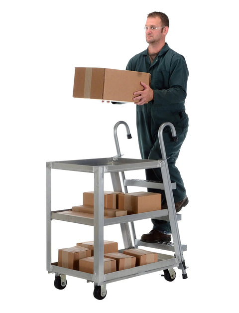 Top Shelf Aluminum Stock Picker Cart With Built In Steel Step Ladder 1000 Lb Max Payload Rating Double Shelf Rolling Platform used to lift boxes.