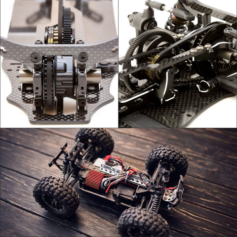 16T aluminum spur gear for RC cars and gearbox on RC vehicle chassis.