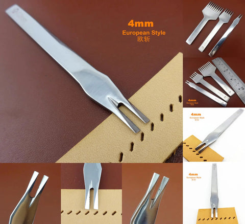 Leather Craft Prong Chisel Set 3 Pack 4mm Angled Hex Flat Head European Style Wavy Stitching Punch Tools with 2 Prongs