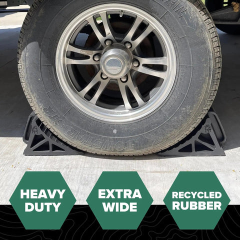 Heavy Duty Wheel Chocks With Handle 2 Pack For Campers Trailers And RVs Wide 6 Inch Footprint Grooved To Prevent Tire Slips Made From 100 Percent Recycled Rubber Easy On Easy Off under vehicle tire