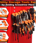Magnetic Screwdriver Holder Rack And Heavy Duty Tool Organizer mounted with pliers, shears, and screwdrivers on a red cart.