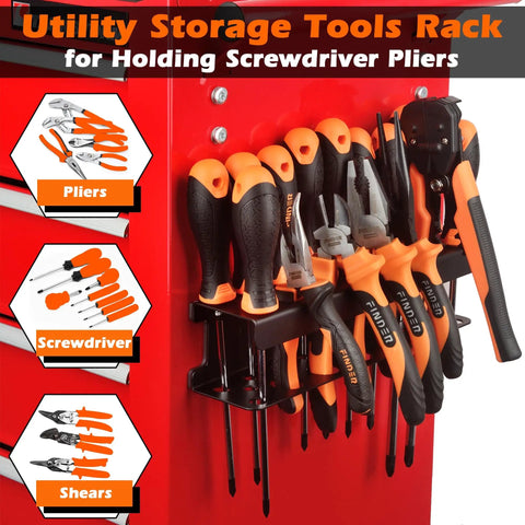 Magnetic Screwdriver Holder Rack And Heavy Duty Tool Organizer mounted with pliers, shears, and screwdrivers on a red cart.