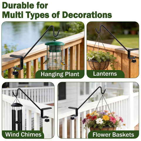 Badass Deck Railing Plant Hangers 2 Pack Workhorse Solid Core Shepherd Hooks on deck holding lanterns and flower pots.
