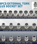 19-Piece External Torx Plus Socket Set 6 Point EP4 to EP32 displayed with sizes and types labeled in rows.