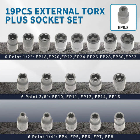 19-Piece External Torx Plus Socket Set 6 Point EP4 to EP32 displayed with sizes and types labeled in rows.
