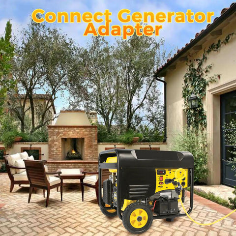 Outdoor setup showing a generator connected with L14-30P To 6-50R Twist-Lock Plug Adapter For Welder And Generator Power Cord