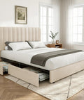 Snag This Premium Full Size Velvet Upholstered Bed Frame With Four Roomy Roll Out Drawers And Cozy Padded Headboard Featuring Rock Solid Wood Slats To End Your Box Spring Shopping Stress Fast, shown with cozy bedding.