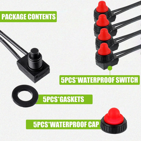 Waterproof Push Button Switch 12V On Off SPST With 4.5 Inch Leads For Motorcycle And Car Red Pack Of 5 Durable, Dustproof, IP67 Rated, Heavy Duty Sealed Aluminum Body, Built Tough For Off Road, Street Bikes, ATVs. Package contents with red waterproof push button switches, gaskets, and caps