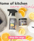 Soapstone and Concrete Countertop Wax 6 oz Orange Lemon Scent with Carnauba and Beeswax That Builds a Non Greasy Protective Barrier Against Stains and Spills on Stone Slate Concrete and Butcher Block Surfaces jar with citrus slices