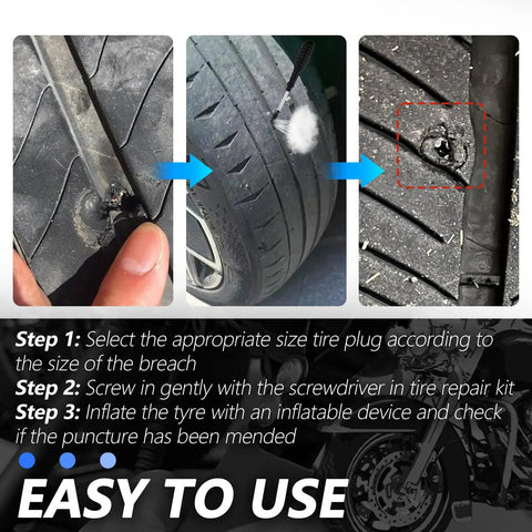 100 Piece Tire Plug Kit With Screwdriver For Quick Flat Tire Repair, process showing screwdriver and adhesive screws in tire