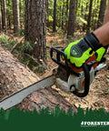 Person using chainsaw in forest wearing Hi-Vis Chainsaw Gloves With Anti-Vibration Padding And Cut-Resistant Kevlar Leather For Tree Cutting