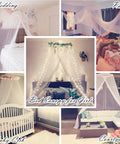 Various uses of a bed canopy including wedding, party, baby crib, courtyard, and girls' bedroom settings, illustrating decor versatility.