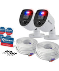 Outdoor Analog CCTV Camera Two Pack With 1080p Full HD Video And Police Style Red And Blue Flashing Lights That Deter Crime Motion Activated Night Vision Up To 10 Meters And Handy Mobile Alerts For Quick Evidence And Easy Home Surveillance shown with cables and security stickers