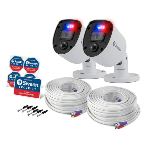Outdoor Analog CCTV Camera Two Pack With 1080p Full HD Video And Police Style Red And Blue Flashing Lights That Deter Crime Motion Activated Night Vision Up To 10 Meters And Handy Mobile Alerts For Quick Evidence And Easy Home Surveillance shown with cables and security stickers