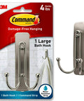 Package of Large Double Bathroom Wall Hook With Adhesive Strip, Satin Nickel Finish, Holds Up To Four Pounds