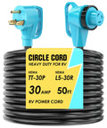 30 Amp RV Power Cord 50 Feet 125 Volt TT 30P Male To L5 30R Twist Lock Right Angle Cable ETL Listed Pure Copper Heavy Duty For Campers And Trailers Ready To Roll In Any Weather, coiled with plugs