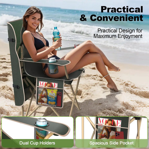 Person on beach in Canopy Camping Chair Foldable With Sun Shade For Beach And Outdoors Your Go To Portable Folding Chair