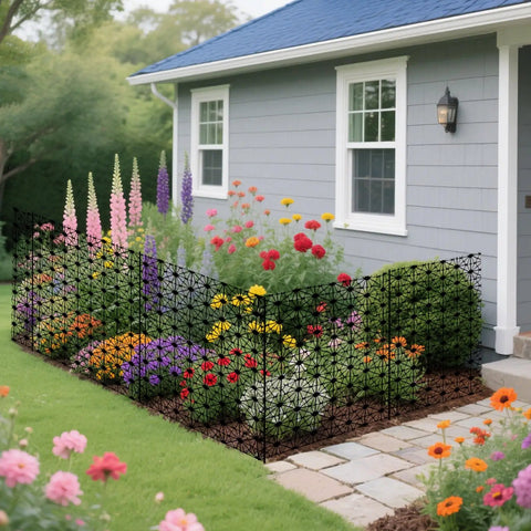 24 Inch High Outdoor Garden Fence Border Edging Roll Made From HDPE With UV Anti Aging Finish Keeps Rabbits And Small Pests Out No Dig Fencing For Easy Install Weatherproof Backyard Yard Patio Decor surrounding a flower bed next to a house
