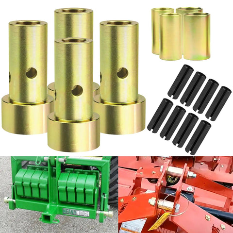 Cat 1 Quick Hitch Bushing Set For 3-Point Tractor Implements, 2 Pairs Gold Top Link And Shoulder Bushings, Includes Roll Pins, Replaces TK95029, Heavy Duty Quick Hitch Components For Secure Attachments in various angles showing components and their fit with tractors.